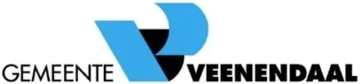 Logo van de gemeente Veenendaal met een abstracte V in blauw en zwart en de tekst GEMEENTE VEENENDAAL.