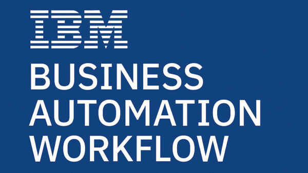 IBM-logo met de tekst Business Automation Workflow op een blauwe achtergrond