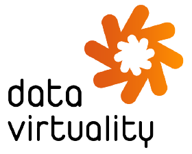 Logo van Data Virtuality met de tekst “data virtuality” in zwarte, afgeronde letters naast een abstract oranje stervormig embleem.