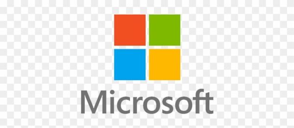 Microsoft-logo met vier gekleurde vierkanten (rood, groen, blauw en geel) links van het grijze woordmerk op een transparante achtergrond.