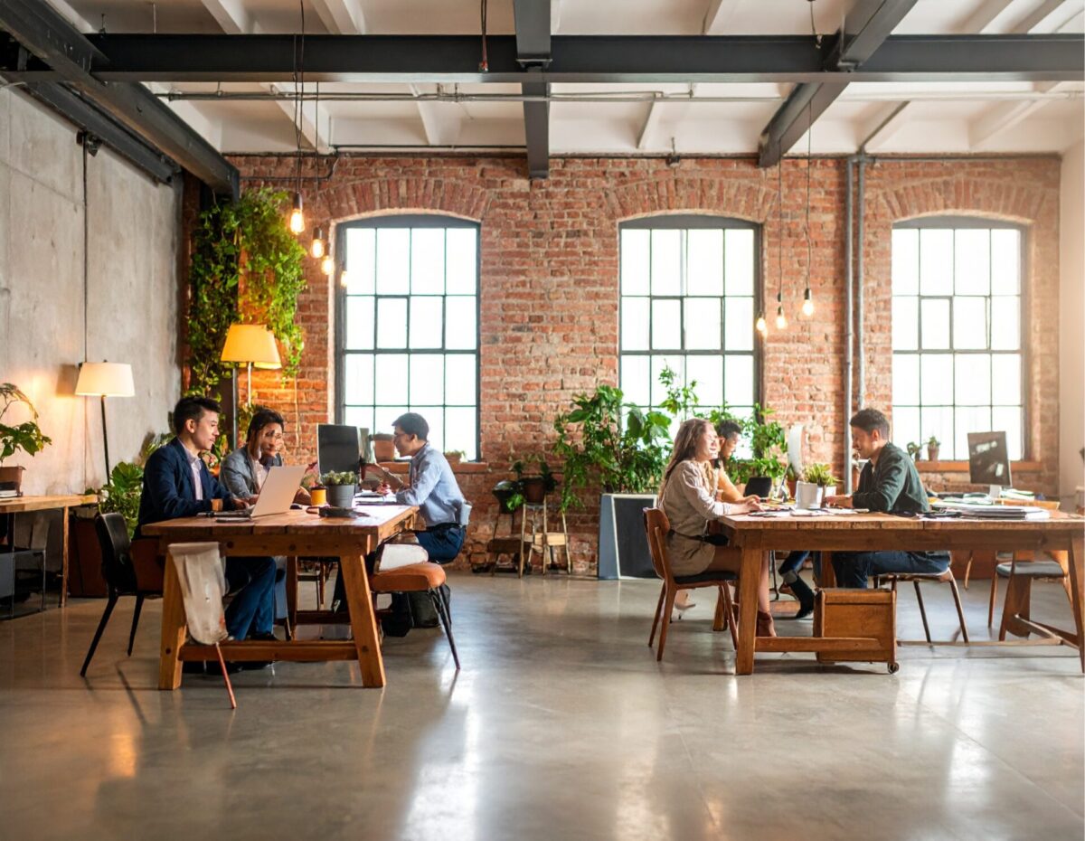 Open kantoor met bakstenen muren en grote ramen waar groepen collega’s aan houten tafels met laptops samenwerken, omringd door planten en hanglampen.