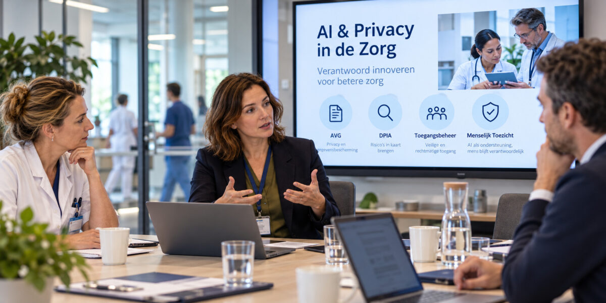 Overleg over AI en privacy in de zorg met presentatie over AVG, DPIA, toegangsbeheer en menselijk toezicht.