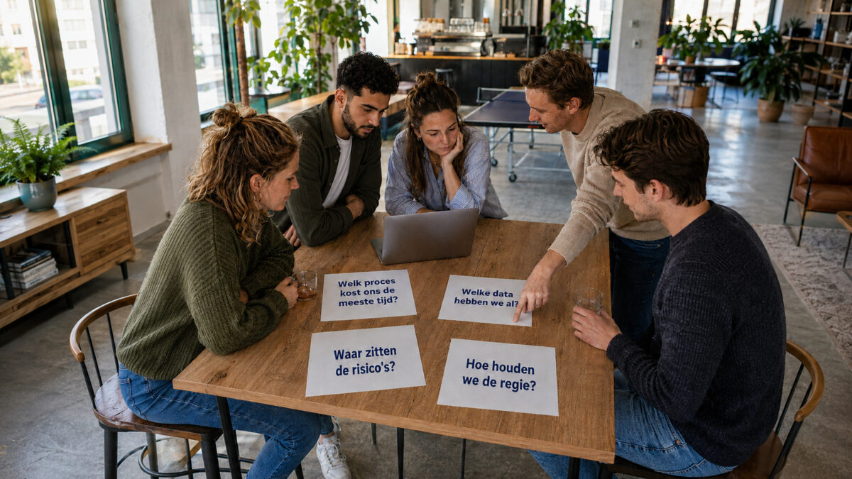 Vijf jonge professionals bespreken AI-automatisering rond een hoge tafel in een informele kantooromgeving. Naast een laptop liggen vier vragen: ‘Welk proces kost ons de meeste tijd?’, ‘Welke data hebben we al?’, ‘Waar zitten de risico’s?’ en ‘Hoe houden we de regie?’ Een van hen wijst naar de documenten terwijl de anderen meekijken.