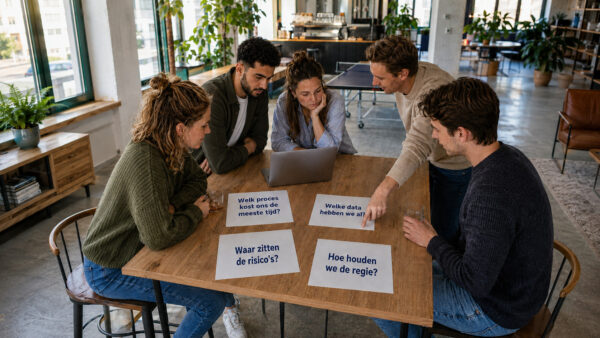 Vijf jonge professionals bespreken AI-automatisering rond een hoge tafel in een informele kantooromgeving. Naast een laptop liggen vier vragen: ‘Welk proces kost ons de meeste tijd?’, ‘Welke data hebben we al?’, ‘Waar zitten de risico’s?’ en ‘Hoe houden we de regie?’ Een van hen wijst naar de documenten terwijl de anderen meekijken.