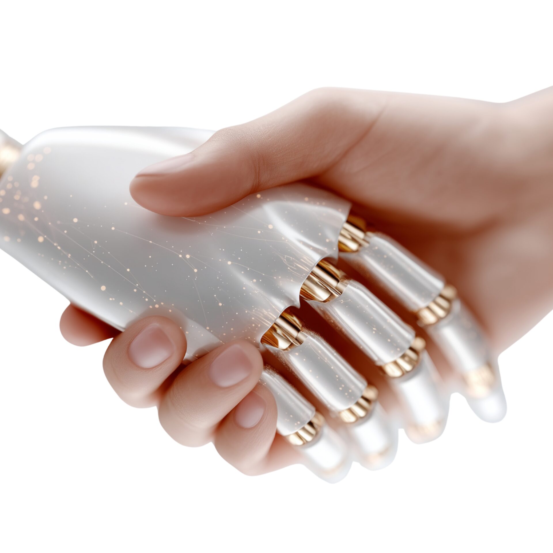 Close-up van een menselijke hand die een parelmoerwitte robotische hand met goudaccenten vasthoudt, met fonkelende deeltjes tegen een witte achtergrond.