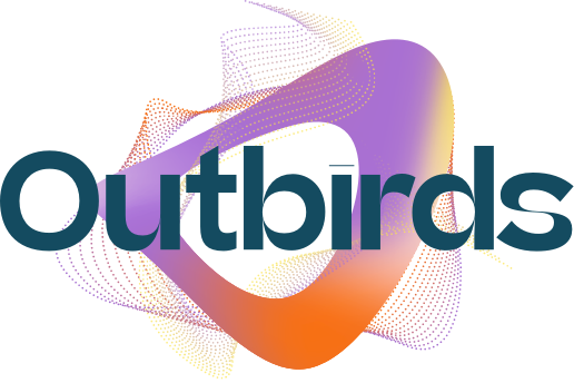 Outbirds-logo met donkerblauwe letters, omringd door een abstracte, golvende vorm van stippen in paars, oranje en geel.