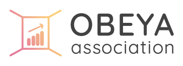 Logo van OBEYA Association met een vierkante omlijsting in roze-oranje verloop en een stijgende staafgrafiek met pijl.