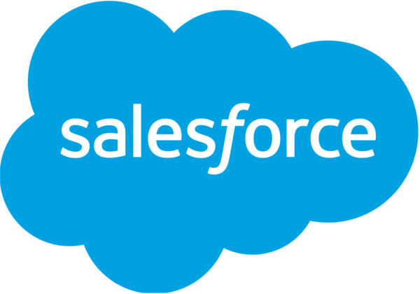 Salesforce-logo met witte salesforce-tekst in kleine letters op een blauwe wolkvorm.