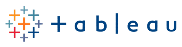 Tableau-logo met links een cluster van veelkleurige plustekens en rechts het donkerblauwe woordmerk tableau op een lichtblauwe achtergrond.