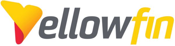 Het Yellowfin-logo met een gestileerde Y in geel‑naar‑rood verloop naast de woordmarkering ‘yellowfin’, waarbij ‘yellow’ donkergrijs en ‘fin’ geel is.