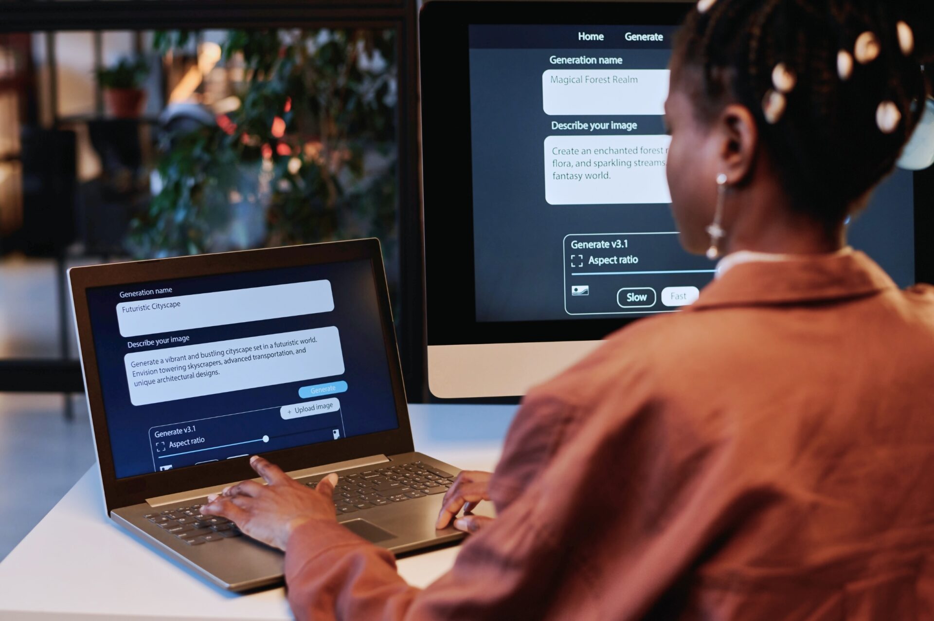 Persoon achter een laptop en monitor die AI-beeldgeneratiesoftware gebruikt, met velden als ‘Generation name’ en ‘Describe your image’ zichtbaar in een kantooromgeving.
