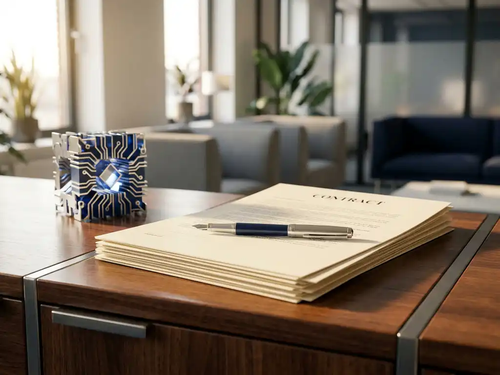Gevouwen juridisch contract op modern bureau met vulpen en abstract AI-circuit sculptuur, minimalistisch Nederlands kantoor op de achtergrond.
