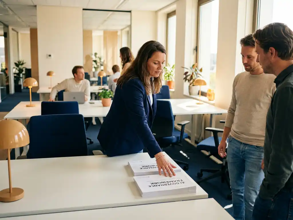 Klein team van professionals in open kantoor dat AI-governancedocumenten bespreekt, hand op stapel papieren, warm natuurlijk licht.