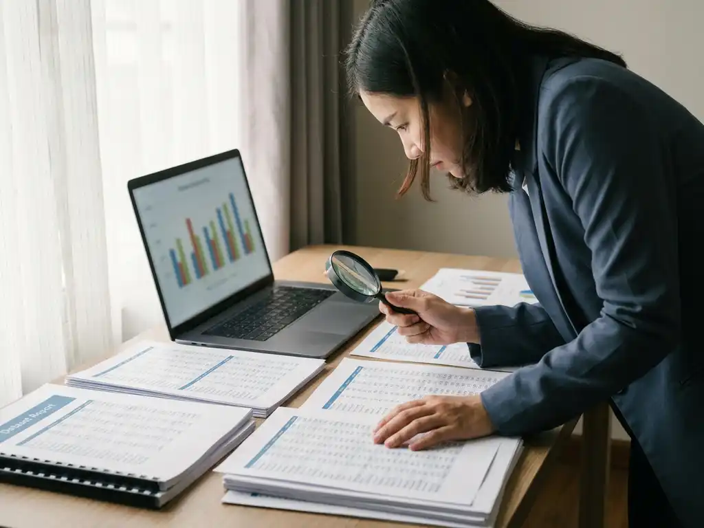 Data-analist bestudeert gedrukte spreadsheets op modern bureau met laptop met grafieken en vergrootglas op gegevenskolommen.