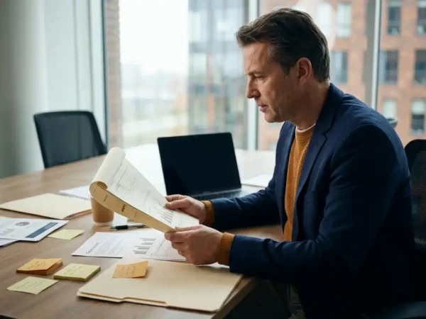 Manager bekijkt analytics dashboard uitdraai aan modern bureau met gebruiksrapporten, laptop en sticky notes in professioneel kantoor.