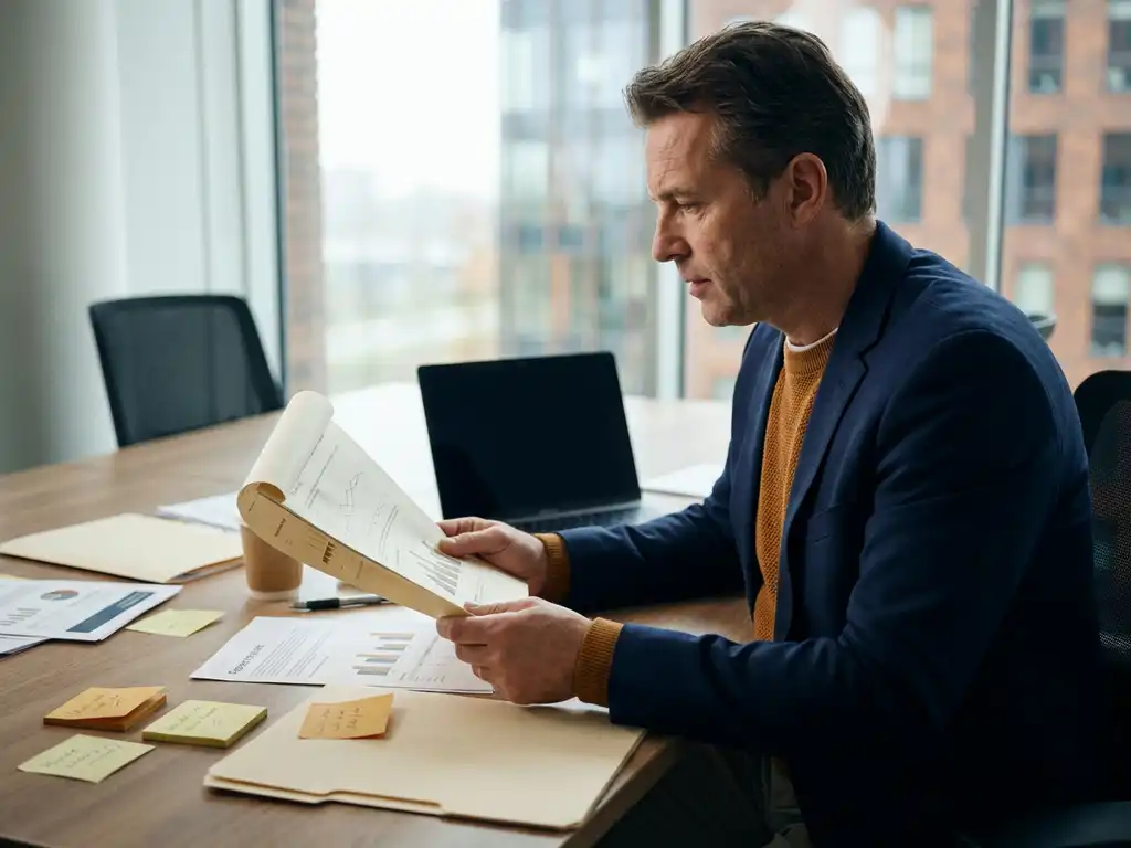 Manager bekijkt analytics dashboard uitdraai aan modern bureau met gebruiksrapporten, laptop en sticky notes in professioneel kantoor.
