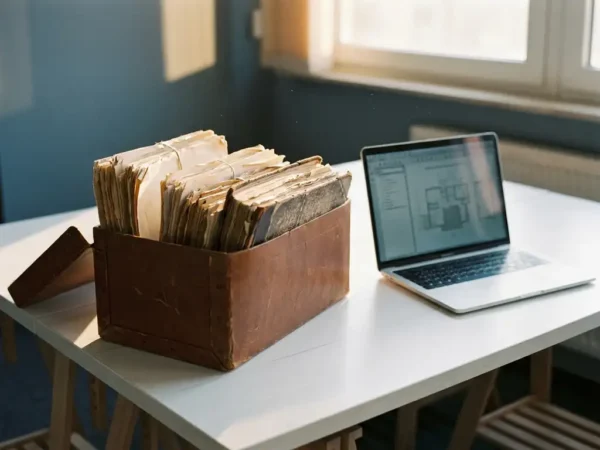 Verouderde leren archiefbox met vergaalde documenten en handgeschreven grootboeken naast een moderne laptop op een wit bureau.