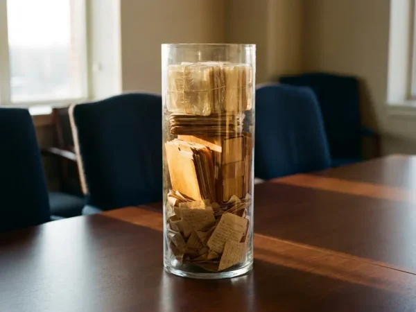 Glazen cilinder op donkere vergadertafel met gelaagd sediment van losse documenten naar geordende amber-gekleurde archiefstapels.