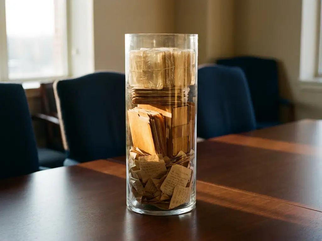 Glazen cilinder op donkere vergadertafel met gelaagd sediment van losse documenten naar geordende amber-gekleurde archiefstapels.