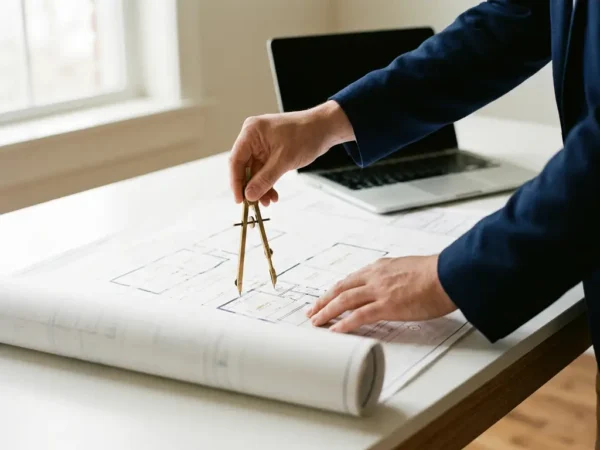 Architect plaatst een messing passer op een architectuurtekening op een wit bureau, met een laptop op de achtergrond.