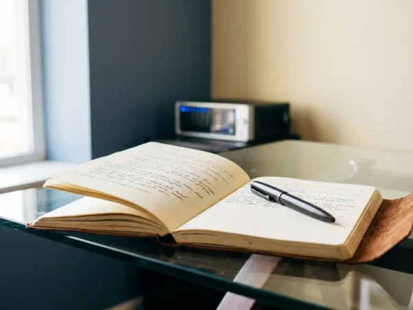 Opengeslagen leren auditjournal met handgeschreven logboeken op glazen bureau, pen erop, AI-server vaag op achtergrond, professioneel kantoor.