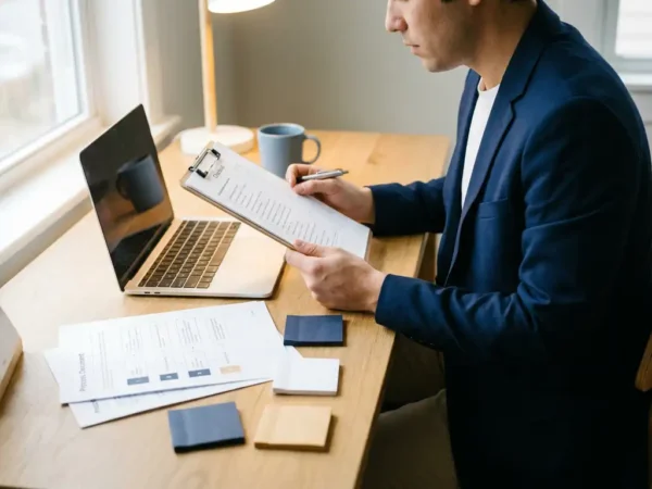 Auditor beoordeelt gestructureerde checklist op klembord aan modern bureau met laptop en processdocumenten.