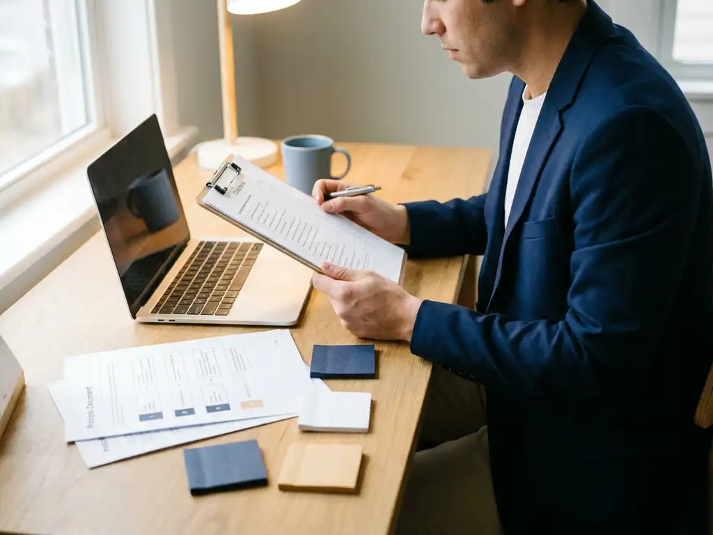 Auditor beoordeelt gestructureerde checklist op klembord aan modern bureau met laptop en processdocumenten.