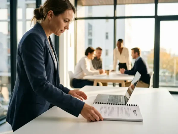 Professional legt een beleidsdocument naast een laptop op een modern kantoorbureau, collega's zichtbaar op de achtergrond.