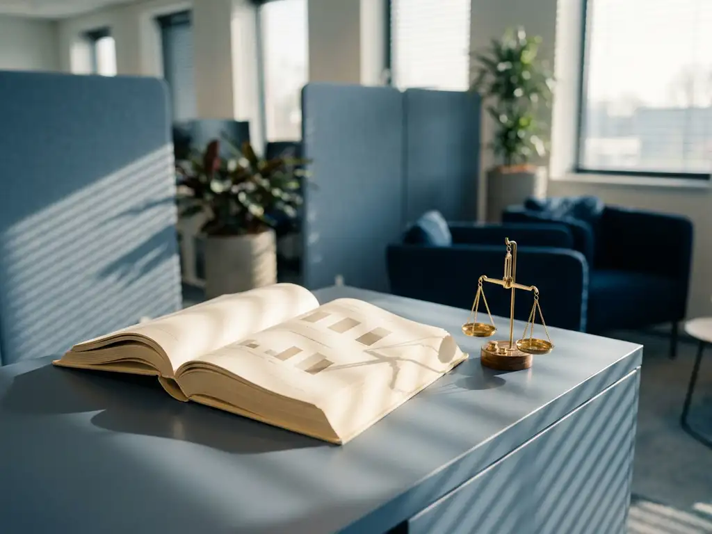 Open beleidsdocument op modern kantoorbureau naast een kleine weegschaal, met schaduwlijnen van jaloezieën over de pagina's.