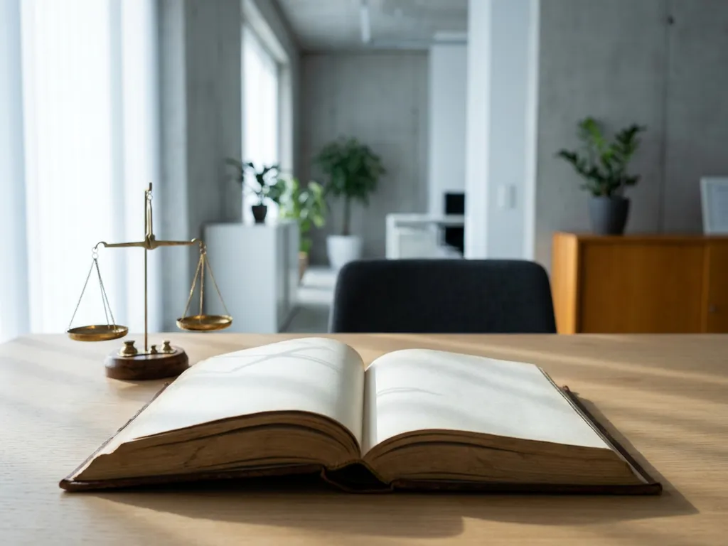 Leren beoordelingsdocument op minimalistisch bureau naast een messing weegschaal in zacht natuurlijk licht.