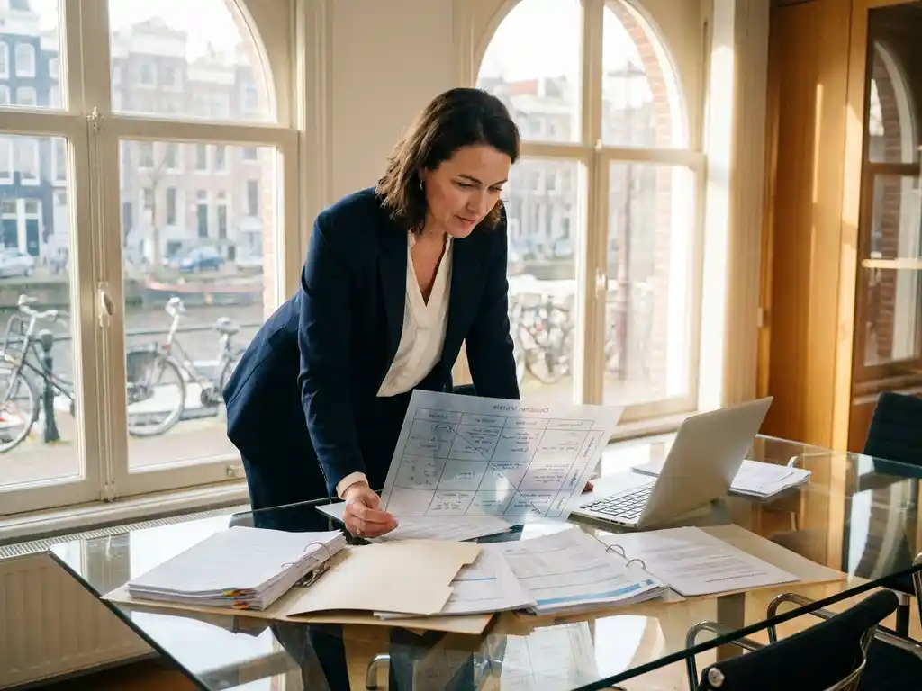 Professional bestudeert een beslissingsmatrix op een glazen bureau met datarapporten en laptop in een Amsterdams kantoor met daglicht.
