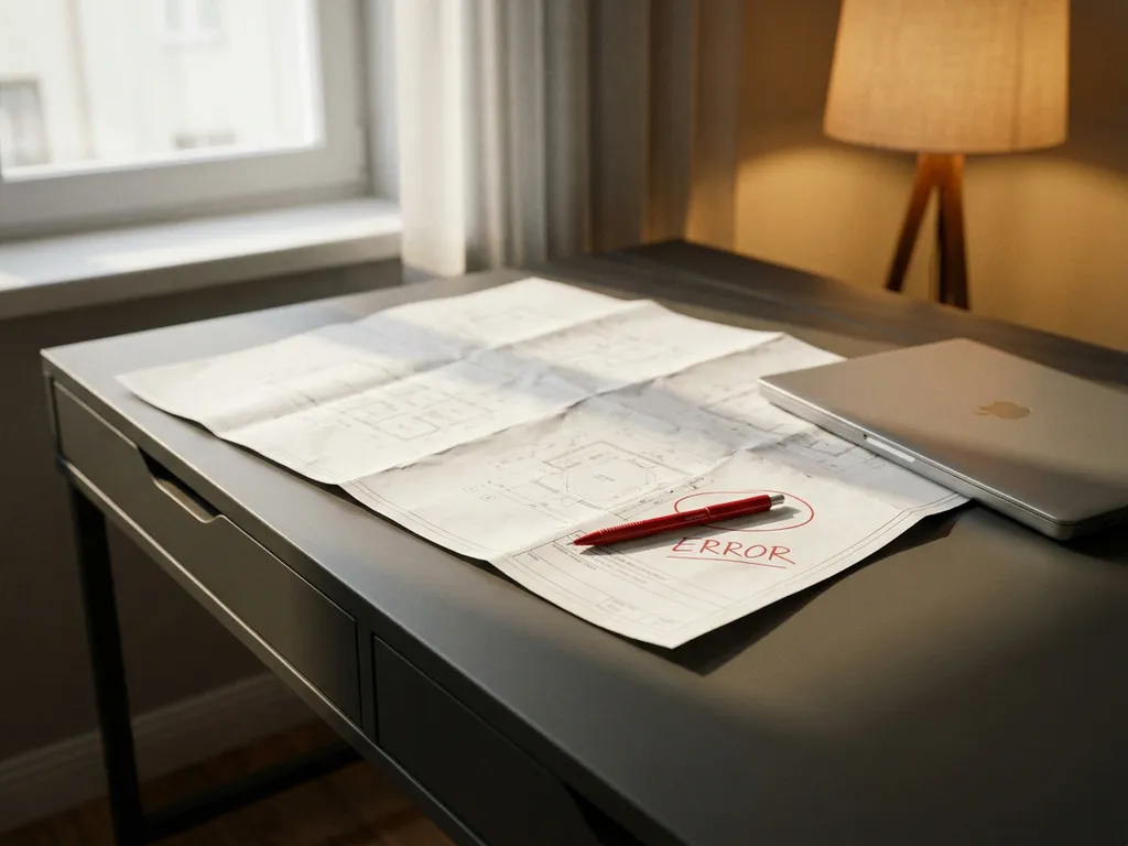 Verfrommelde architectuurtekening op modern bureau met rode pen die een fout markeert, verlicht door warme bureaulamp.