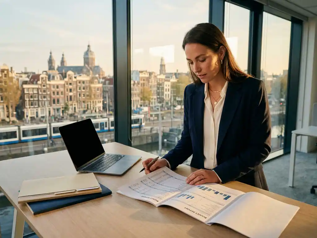 Professional in maatpak bestudeert budgetrapport op modern bureau met laptop en mappen, Nederlands stadslandschap op achtergrond.