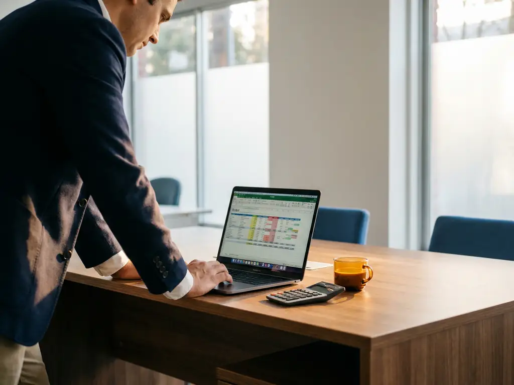 Zakelijke professional analyseert budgetoverzicht op laptop aan modern bureau, rekenmachine en koffie op de voorgrond.