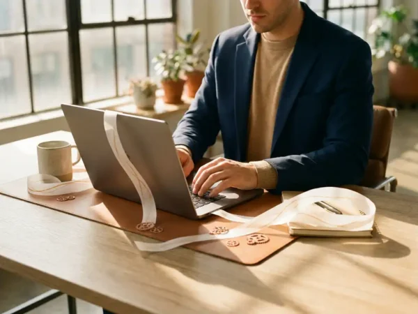 Professional aan modern bureau met laptop, omgeven door mechanische tandwielen en papieren datastromen in warm kantoorlicht.