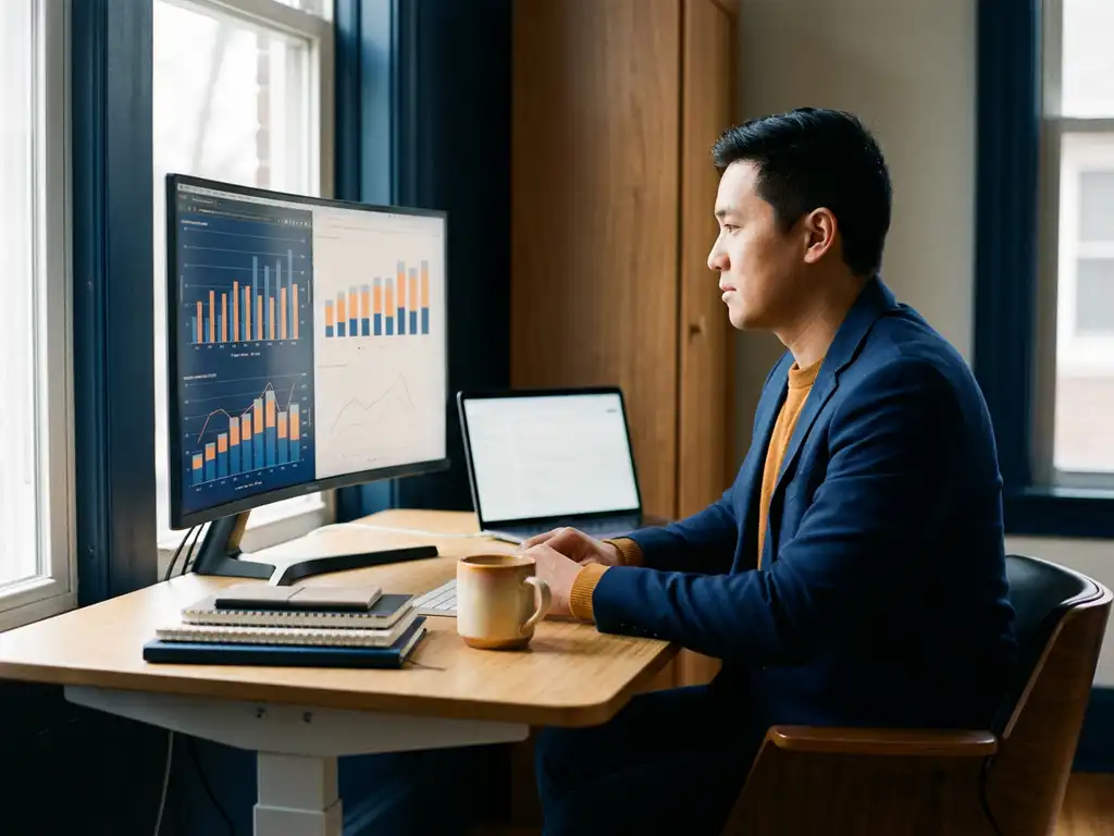 Data scientist bestudeert gelaagde analytische grafieken op groot monitor aan opgeruimd modern bureau, warm amberkleurig kantoor.