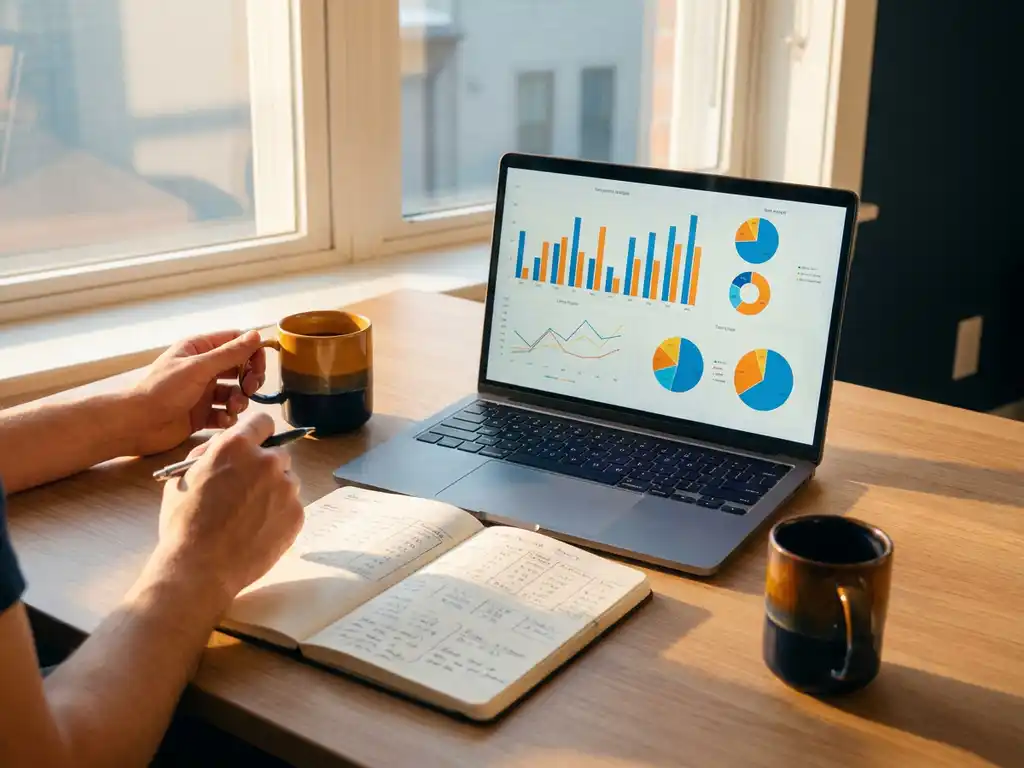Bureau van een data-analist met laptop waarop kleurrijke dashboardgrafieken zichtbaar zijn, notitieboek met datatabellen en koffie in ochtendlicht.