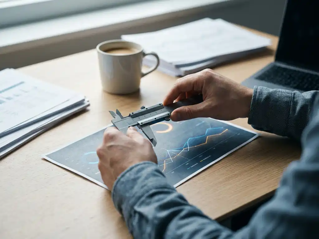 Analist die een meetinstrument afstelt op een verlichte dashboard-uitdraai, met gestapelde datarapporten en koffiekop op modern bureau.