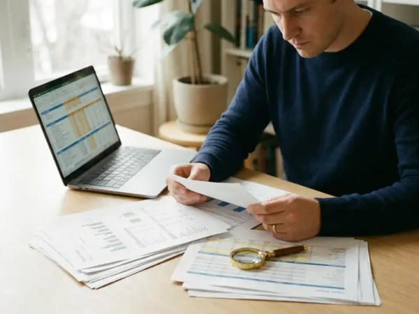 Data-analist bestudeert uitgeprinte rapporten op modern bureau met laptop met spreadsheets en vergrootglas op document.