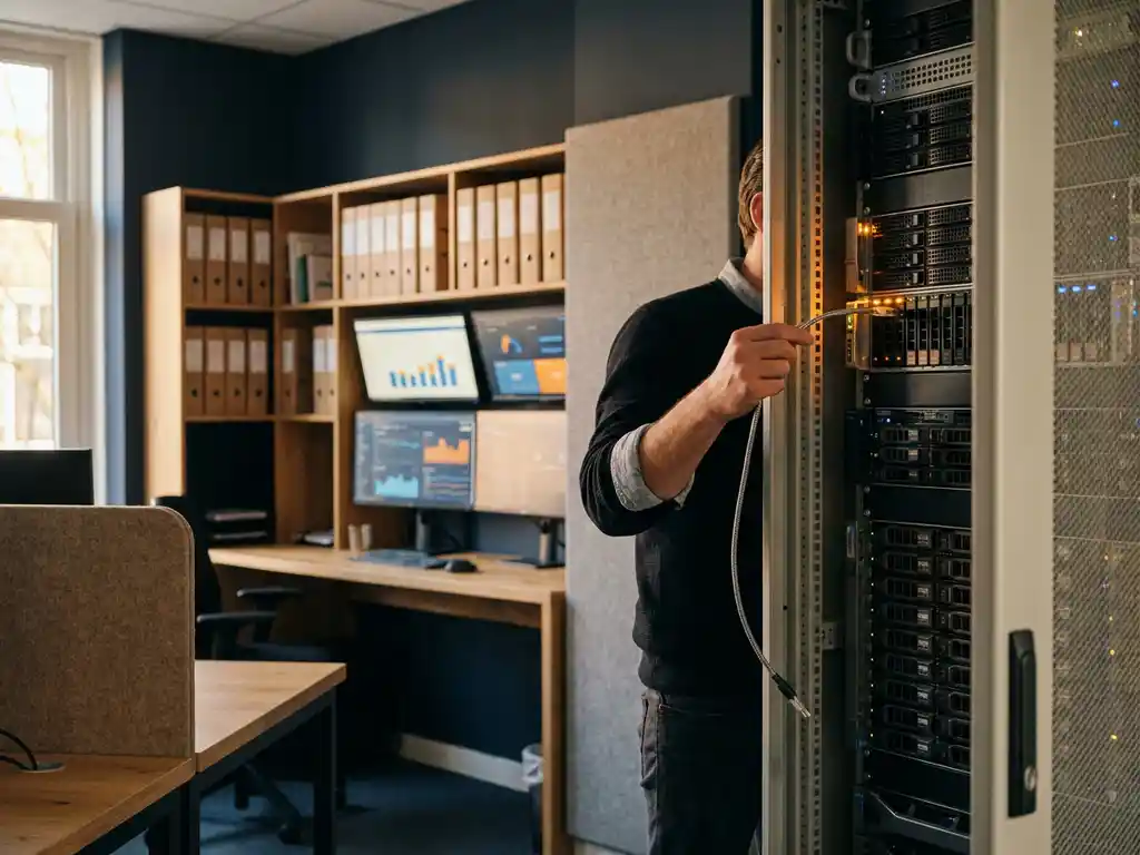 Data-engineer sluit zilveren kabel aan op serverrack in modern Nederlands kantoor met datadashboards op monitoren.