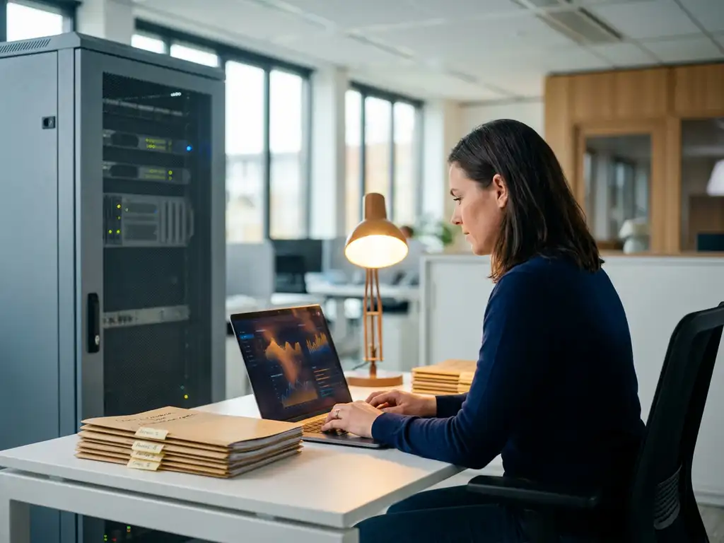 Analist in modern Nederlands kantoor werkt op laptop met datadashboards naast serverrack, omringd door ordners en warme amberlamp.