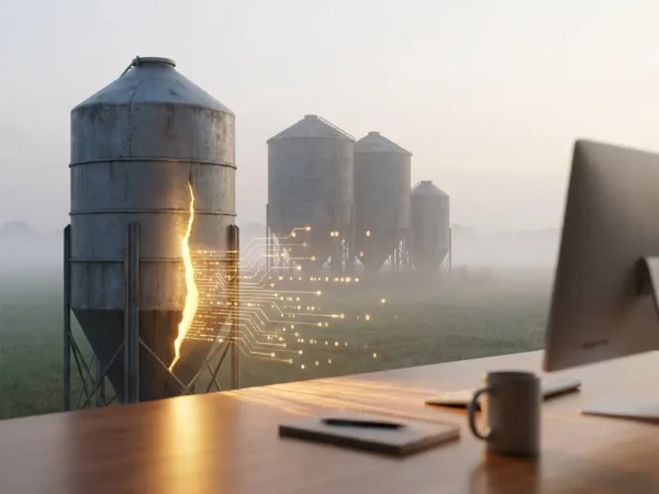 Industriële graansilo's in mistig Nederlands landschap, één opengebarsten silo met gouden datastromen op modern bureau.