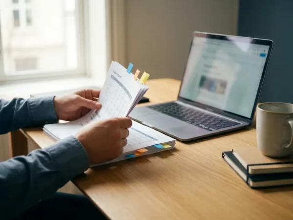 Datawetenschapper sorteert uitgeprinte rapporten met gekleurde tabbladen op modern bureau, laptop op achtergrond, zijdelings natuurlijk licht.