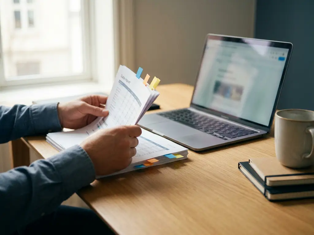 Datawetenschapper sorteert uitgeprinte rapporten met gekleurde tabbladen op modern bureau, laptop op achtergrond, zijdelings natuurlijk licht.