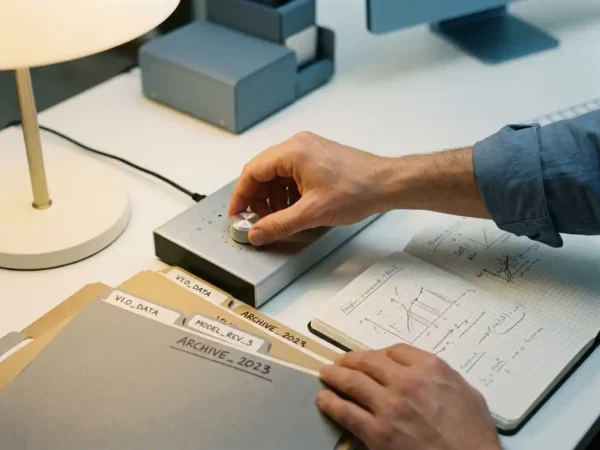 Datawetenschapper stelt mechanische regelknop af op controlepaneel, omringd door versiegmappen en aantekeningen in professionele werkruimte.
