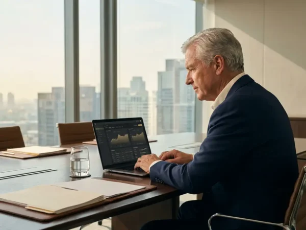Directeur analyseert datadashboard op laptop aan vergadertafel in modern Nederlands kantoor met stadspanorama.