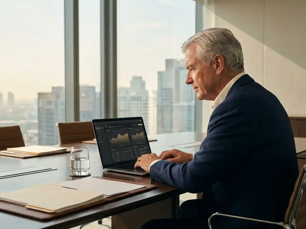 Directeur analyseert datadashboard op laptop aan vergadertafel in modern Nederlands kantoor met stadspanorama.