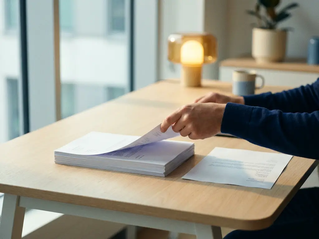 Analist die een dubbel document apart legt uit een stapel identieke papieren op een modern bureau, zacht natuurlijk licht.
