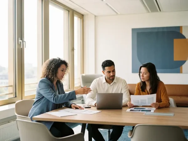 Drie professionals debatteren over documenteigenaarschap aan een vergadertafel in een licht Nederlands kantoor.