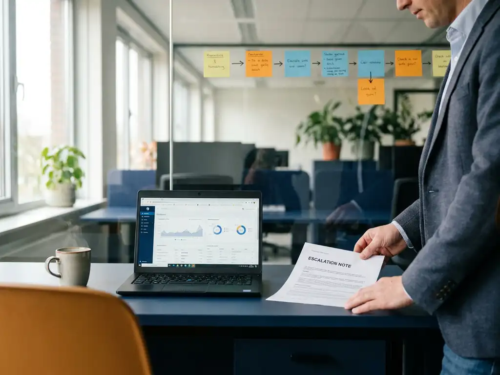 Professional in modern Nederlands kantoor plaatst escalatienota naast laptop met AI-dashboard, gestructureerde sticky notes op glazen wand.